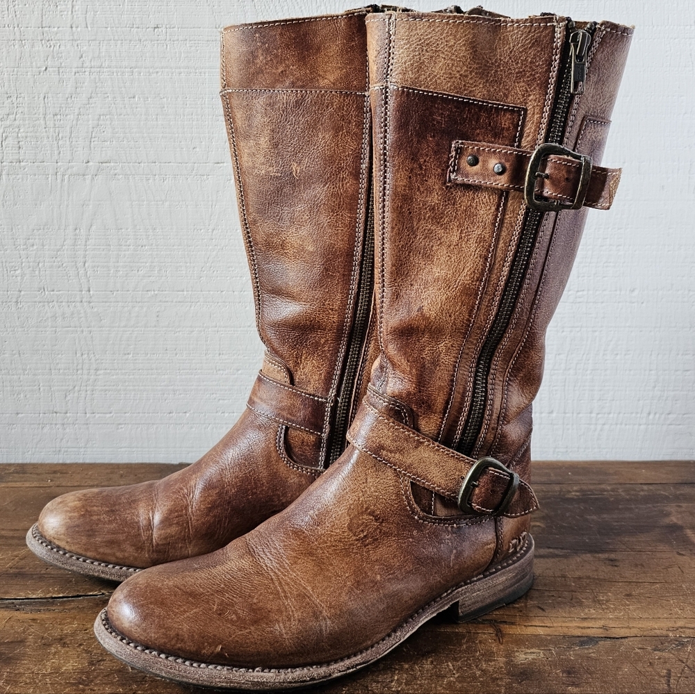 Bed Stu cognac brown distressed leather moto boots.